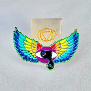 Evil Eye pin brooch festival rave collectible wings winged rainbow button enamel